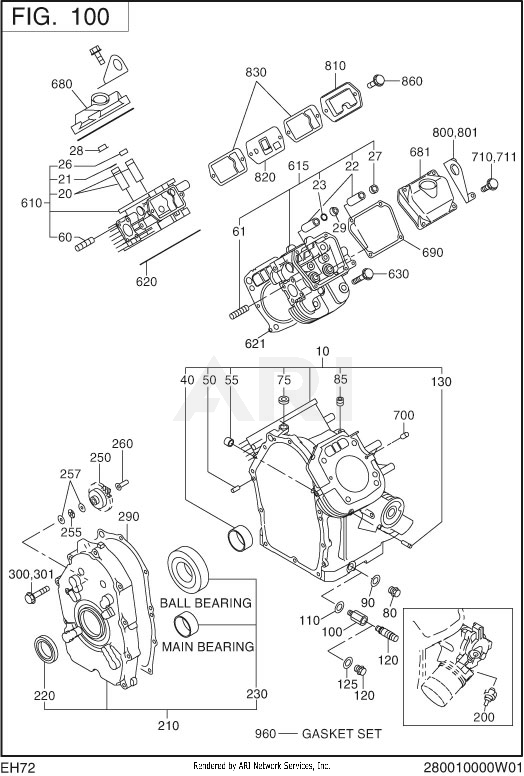 100 Crankcase Diagram and Parts List for EH722DS0441  Subaru Engine
