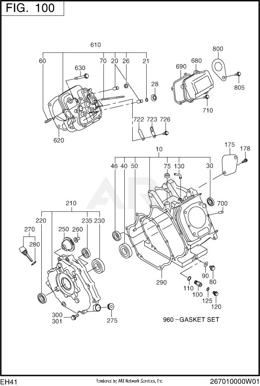 100 Crankcase Diagram and Parts List for EH410YD1004  Subaru Engine