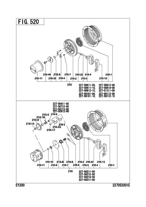 Cooling,starting Group Diagram and Parts List for EY200BC0500 EY200 Subaru Engine