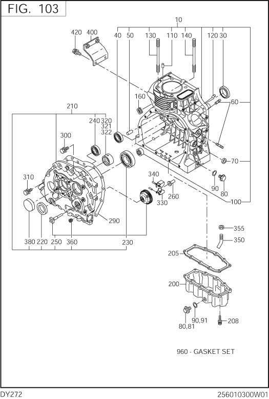 Crankcase Group Diagram and Parts List for DY272YD1030 DY272 Subaru Engine