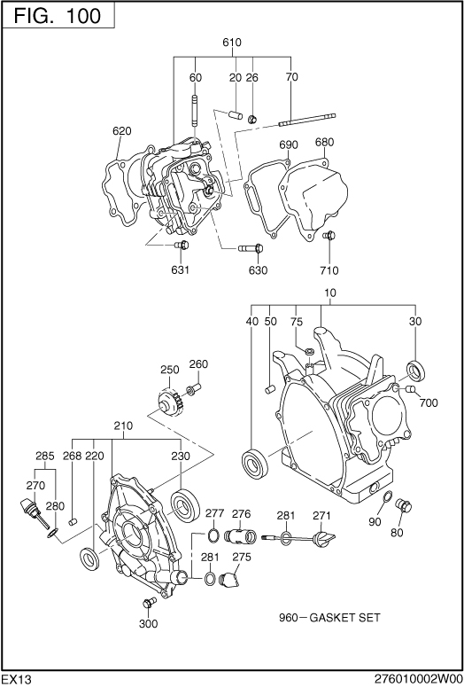 Crank Case Diagram and Parts List for EX130D40036 EX130 Subaru Engine