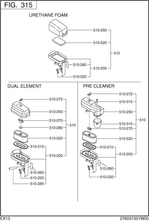 Intake Exhaust Diagram and Parts List for EX130D40036 EX130 Subaru Engine