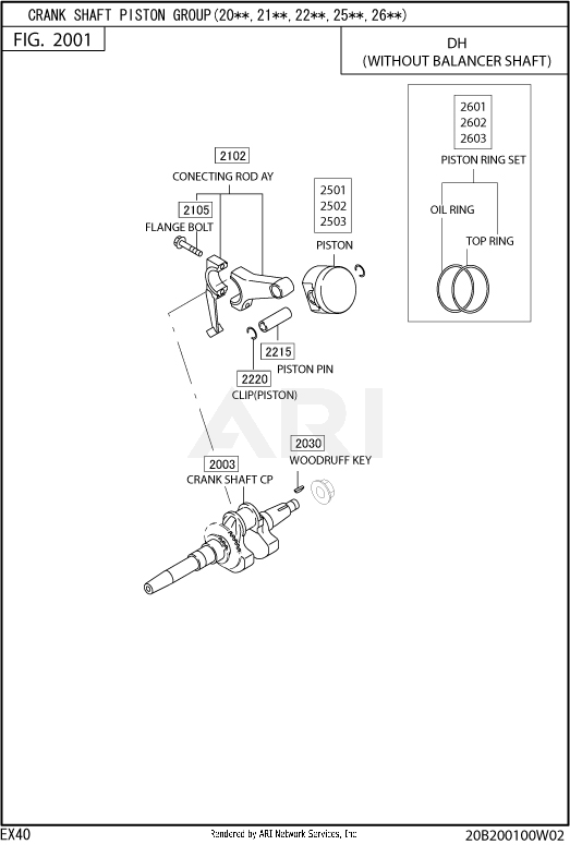 200 Crankshaft Diagram and Parts List for EX400DE5220  Subaru Engine