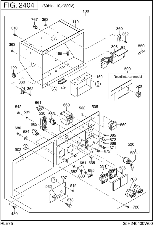 Control Box Diagram and Parts List for RLE75042002 RGX7500 Subaru Generator