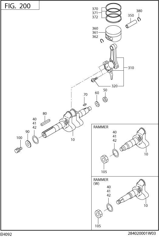 Crankshaft Piston Diagram and Parts List for EH092D40040 EH092 Subaru Engine