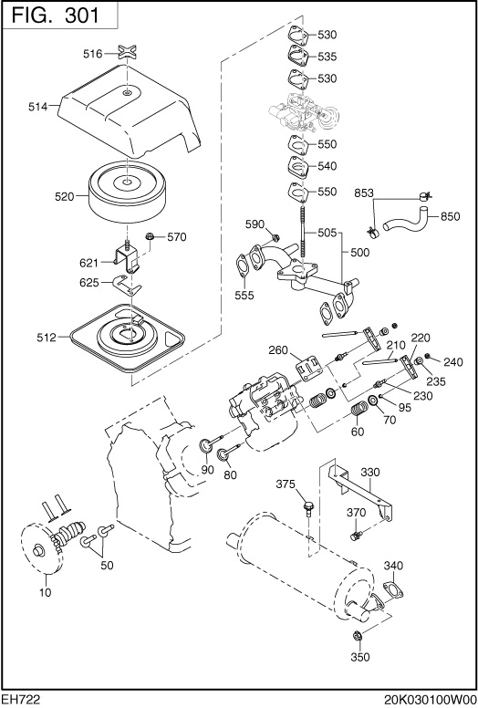 Intake,exhaust Group Diagram and Parts List for EH722LD2590 EH722 Subaru Engine