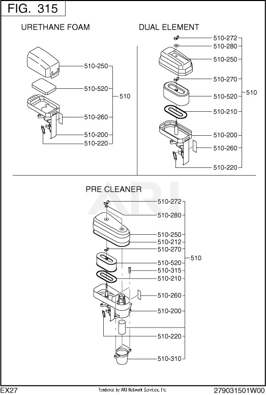 315 Intake And Exhaust Diagram and Parts List for EX270D50164  Subaru Engine