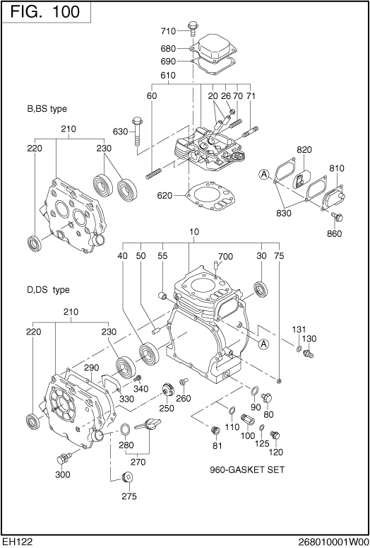Crank Case Diagram and Parts List for EH122B00090 EH122 Subaru Engine