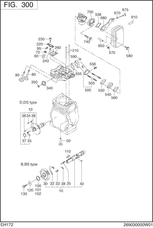 Intake Exhaust Diagram and Parts List for EH172BS0241 EH172 Subaru Engine