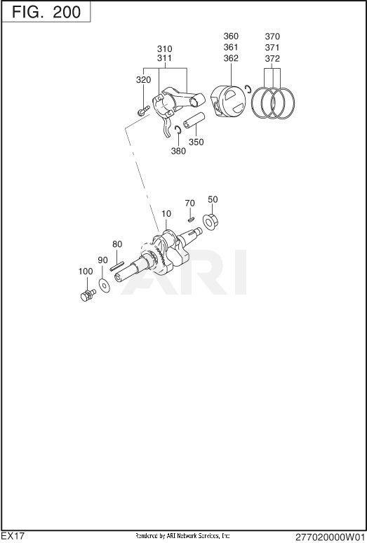 200 Crankshaft Diagram and Parts List for 170DT1020  Subaru Engine