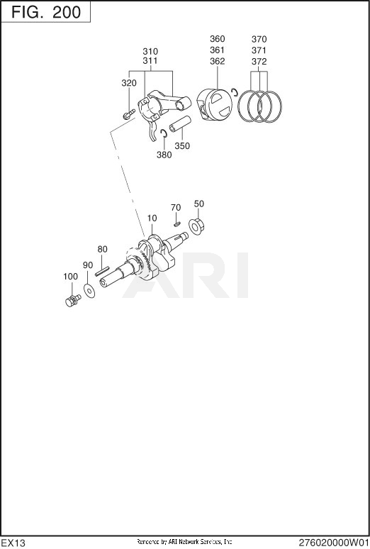 200 Crankshaft Diagram and Parts List for EX130D00026  Subaru Engine