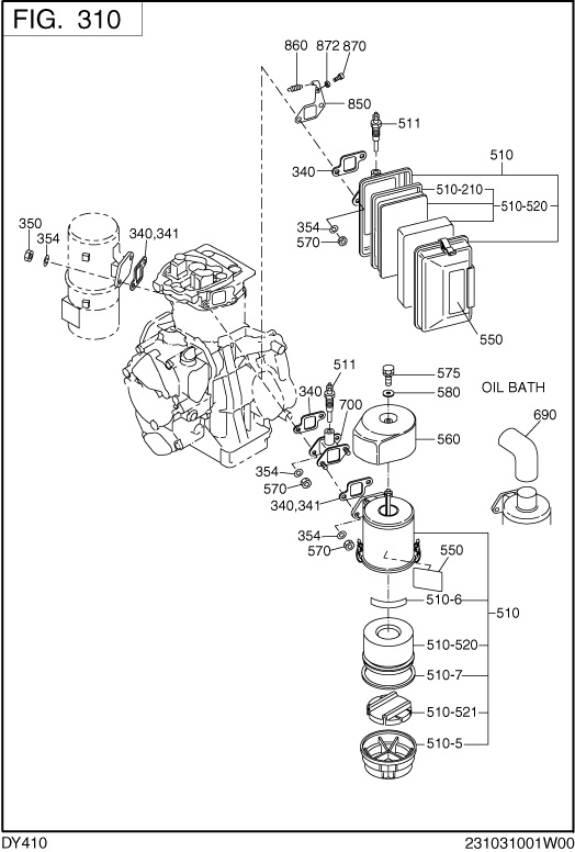 Intake,exhaust Group Diagram and Parts List for DY410D12531 DY410 Subaru Engine