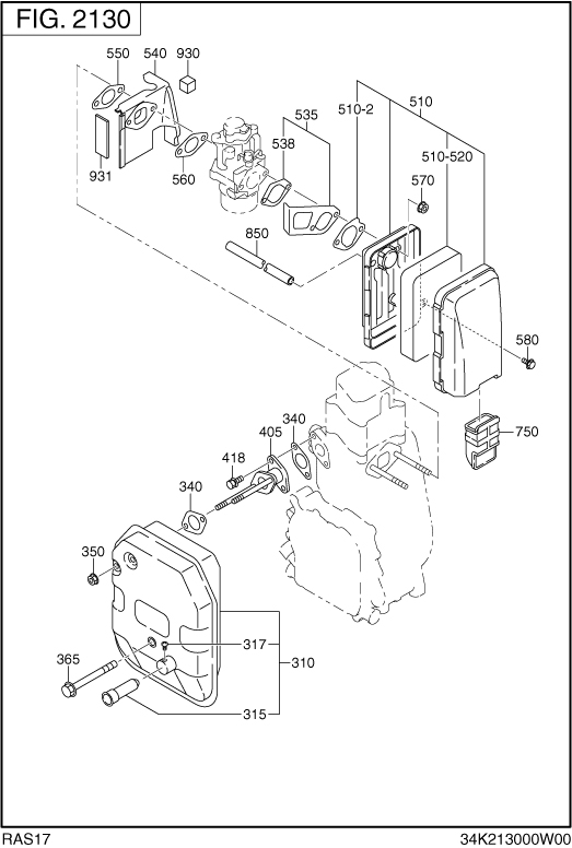 Engine Assembly Diagram and Parts List for RAS17018011 R1700i Subaru Generator