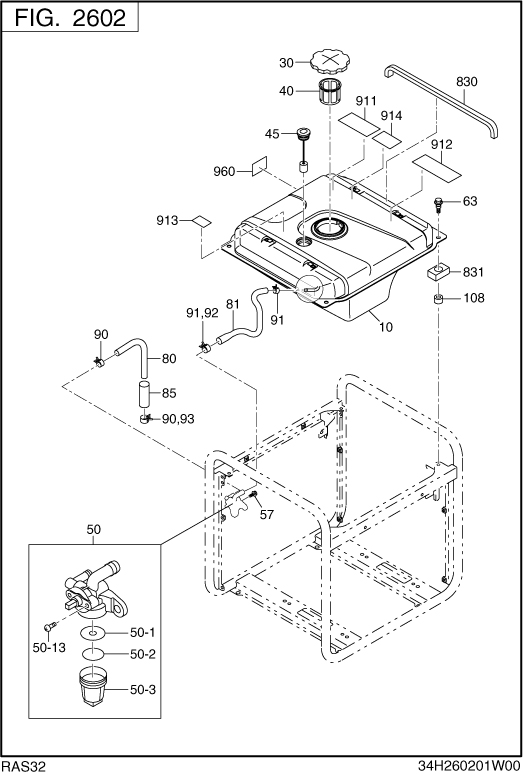 Fuel Tank Diagram and Parts List for RAS32023610 S3200I Subaru Generator