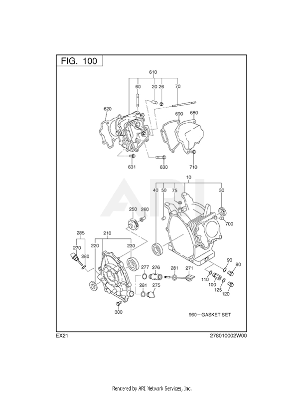 100 Crankcase Diagram and Parts List for EX210D50172  Subaru Engine