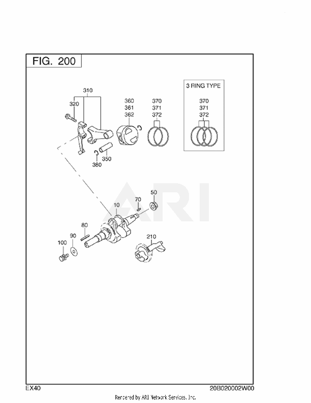 200 Crankshaft, Piston Diagram and Parts List for EX400D80051  Subaru Engine
