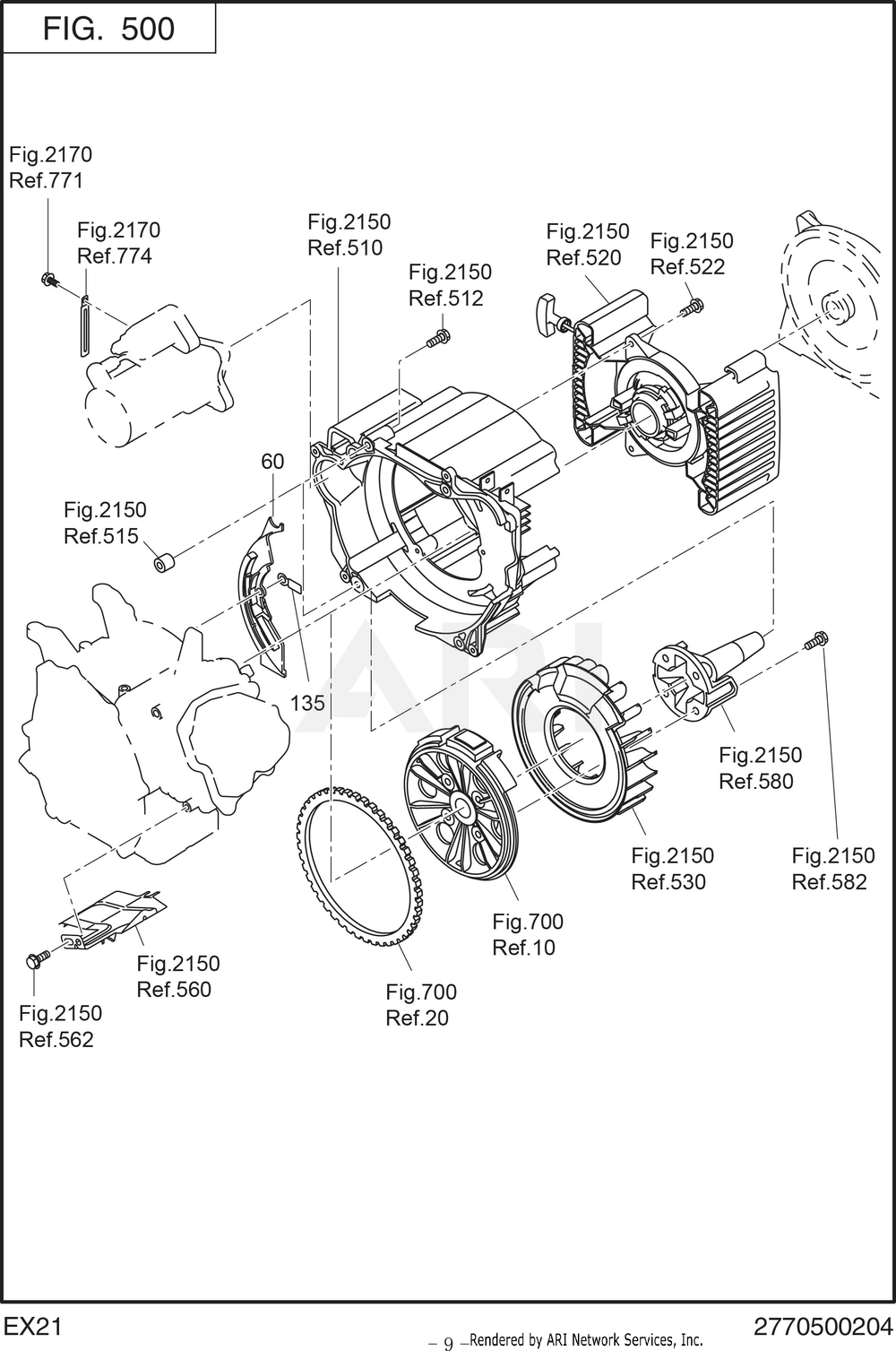 500 Cooling And Starting Diagram and Parts List for RAS32023510  Subaru Generator