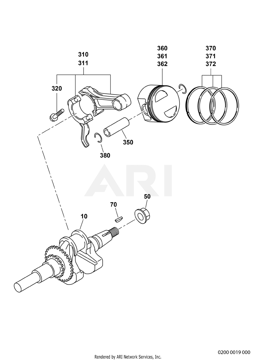 200 Crankshaft Diagram and Parts List for EX170D10076  Subaru Engine
