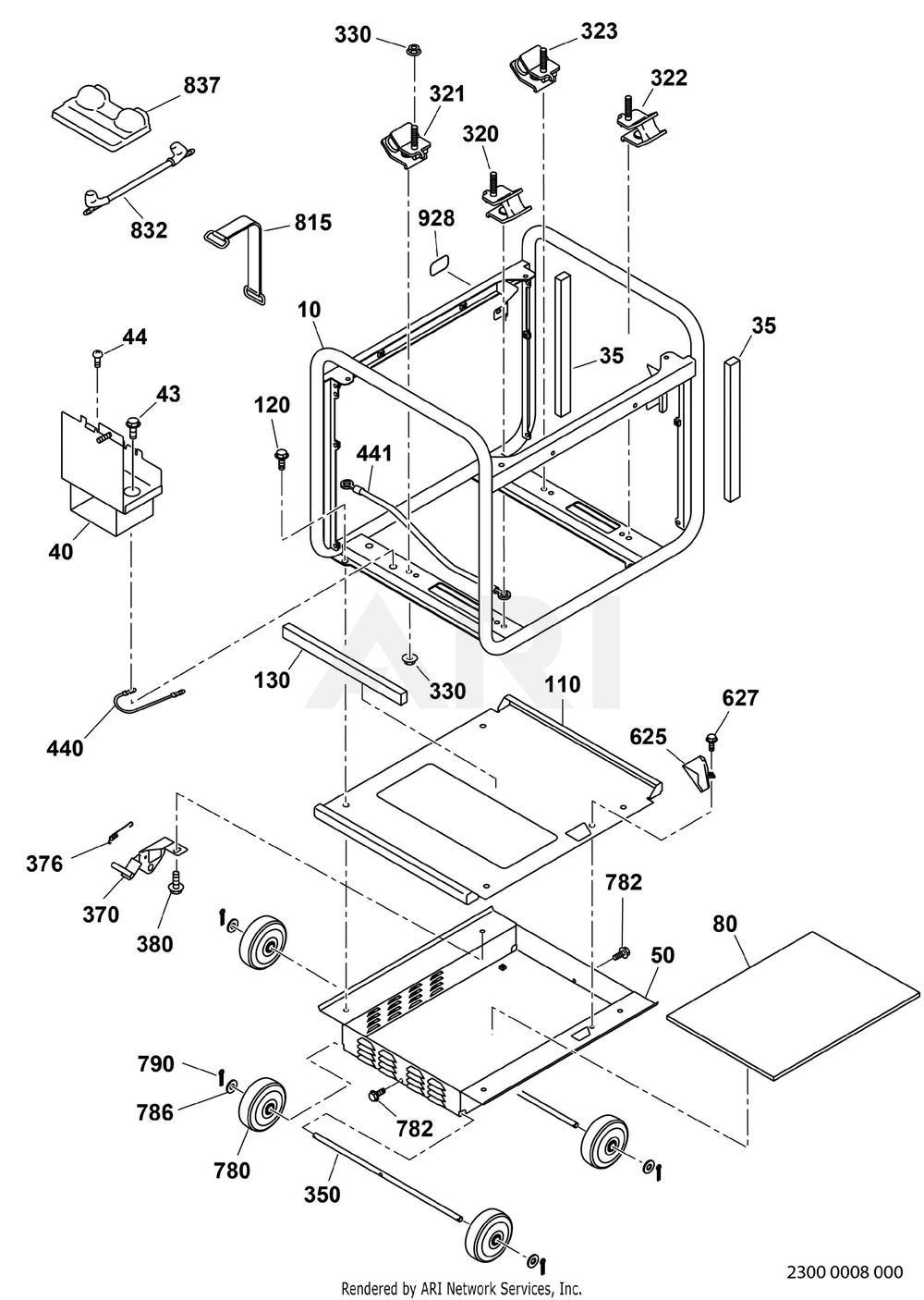 2300 Base Frame Diagram and Parts List for RAS43023544  Subaru Generator