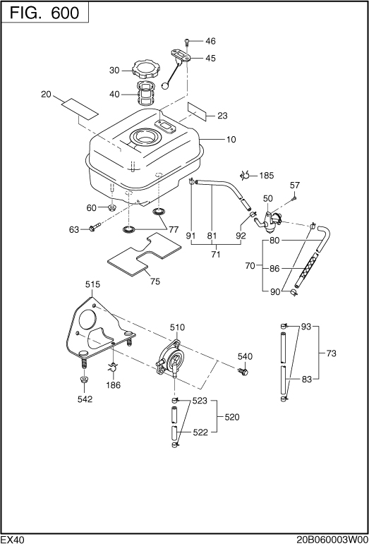 Fuel Lubricant Diagram and Parts List for EX400DM5030 EX400 Subaru Engine