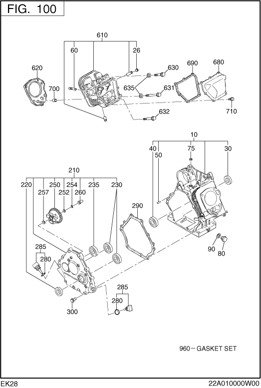 Crank Case Group Diagram and Parts List for EK280B00000 EK280 Subaru Engine