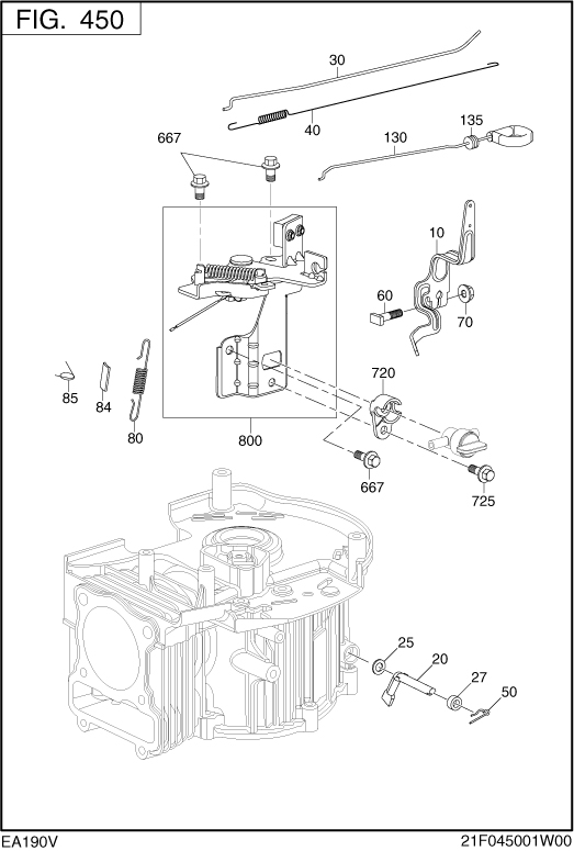 Governor Operation Diagram and Parts List for EA190V73010 EA190 Subaru Engine