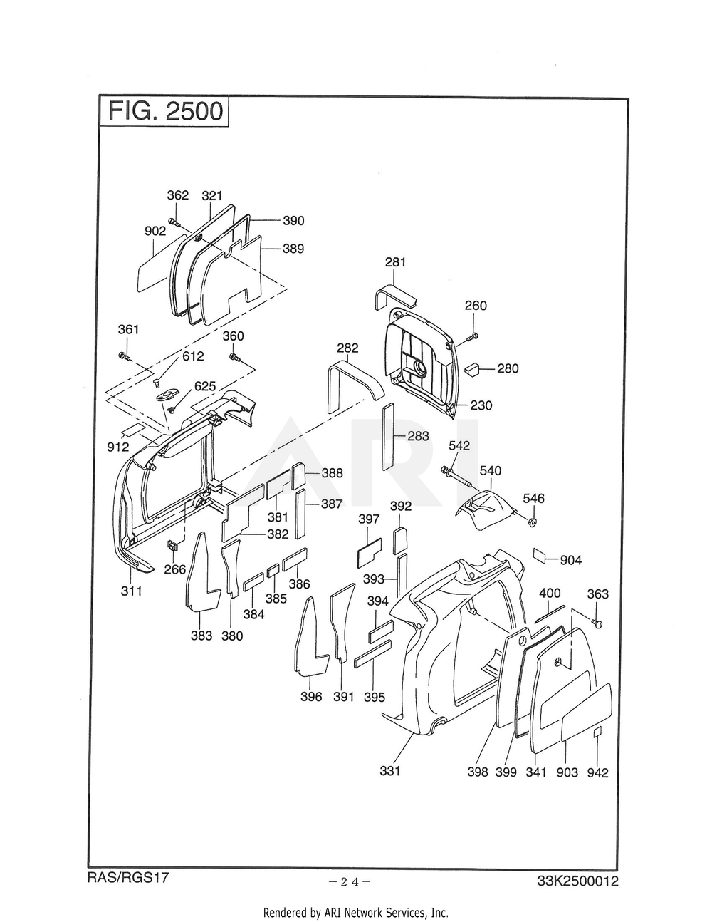 2500 Cover Diagram and Parts List for RAS17023040  Subaru Generator
