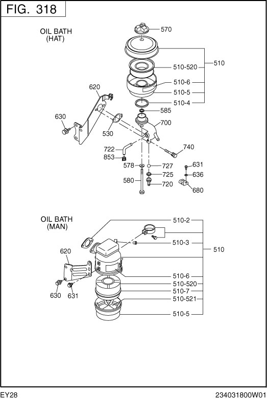 Intake,exhaust Diagram and Parts List for EY280BSC010 EY280 Subaru Engine