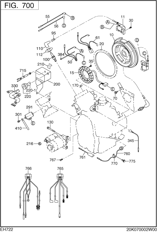 Electric Device Group Diagram and Parts List for EH722DS0100 EH722 Subaru Engine