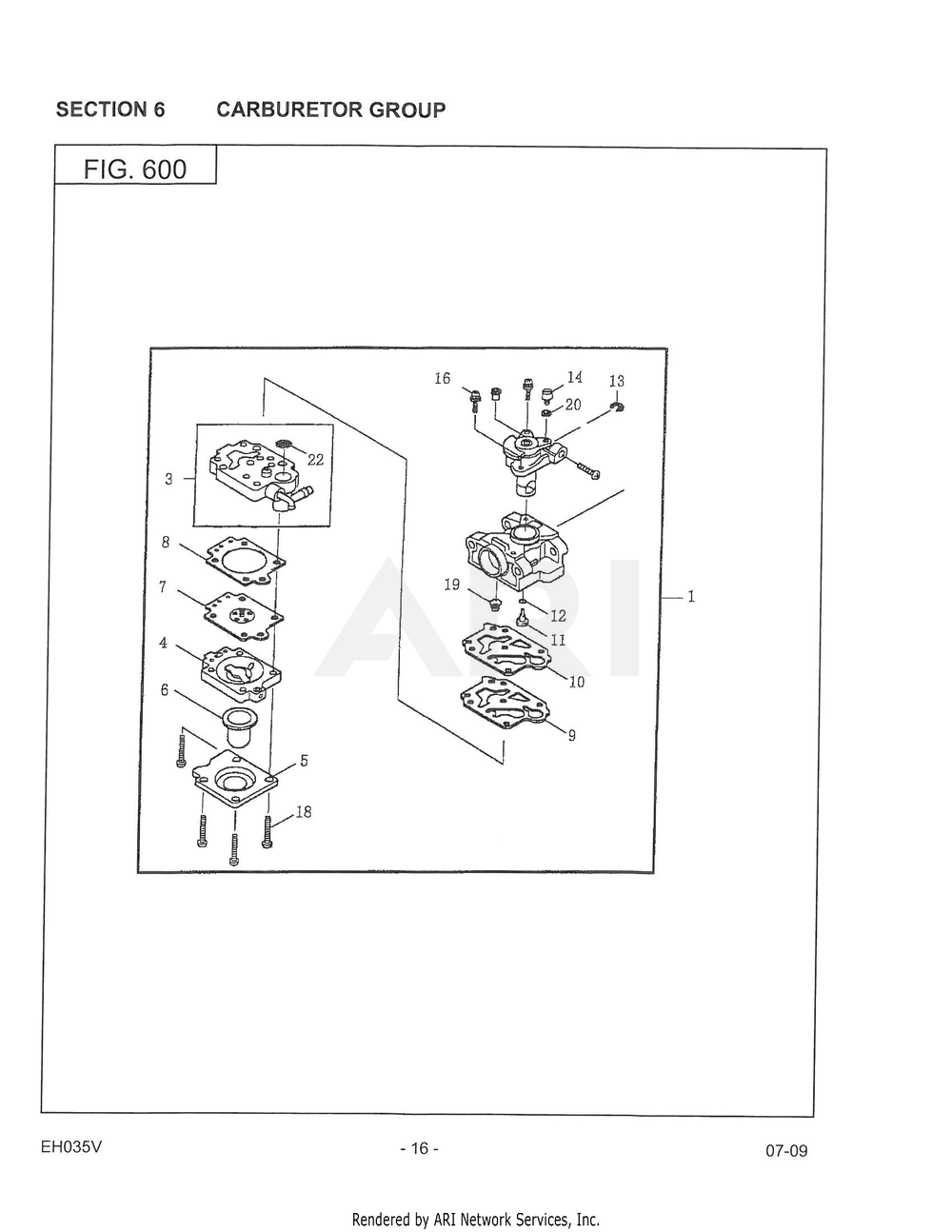600 Carburetor Diagram and Parts List for EH035VA1305  Subaru Engine