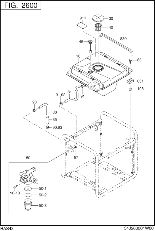 Fufl Tank Diagram and Parts List for RAS43016511 RG4300iSE Subaru Generator