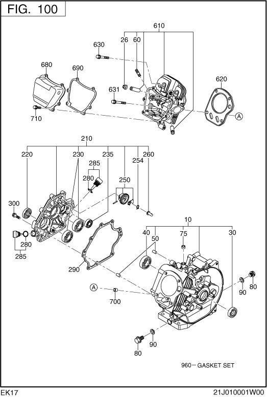 Crank Case Group Diagram and Parts List for EK170B00000 EK170 Subaru Engine