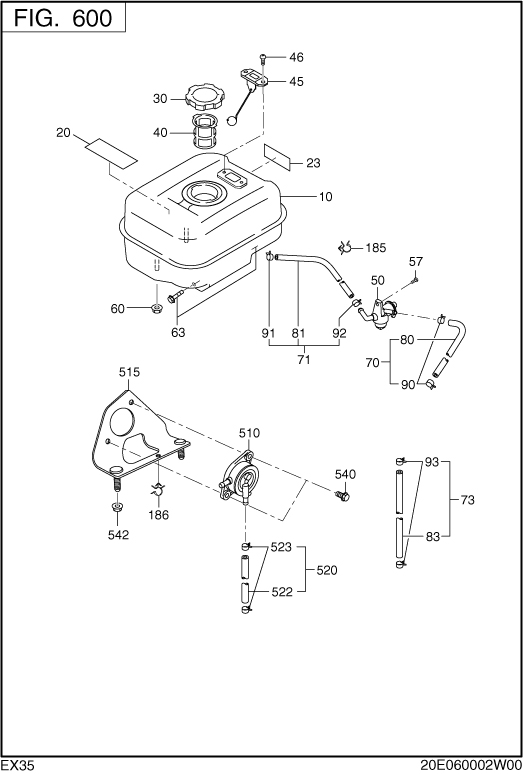 Fuel Lubricant Diagram and Parts List for EX350D00031 EX350 Subaru Engine