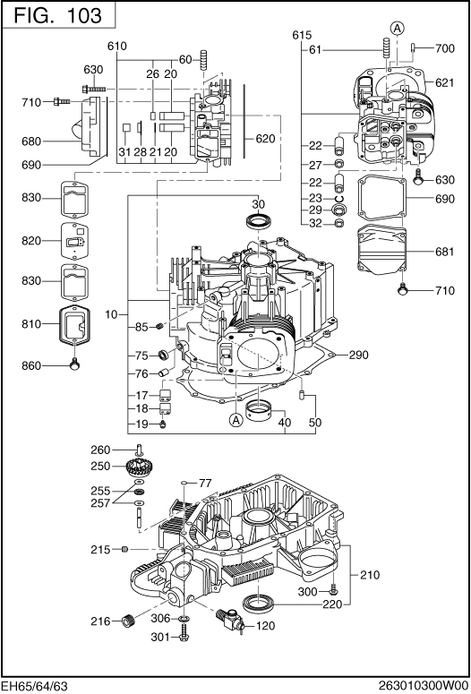 Crank Case Group Diagram and Parts List for EH650VD1040 EH650 Subaru Engine