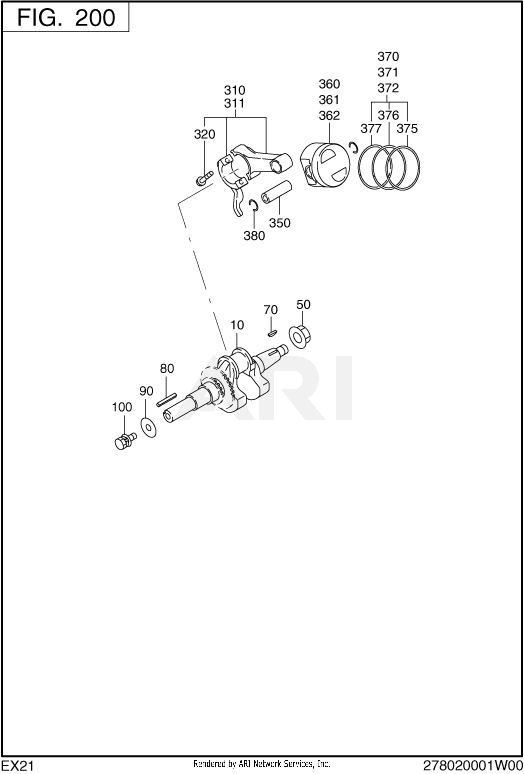 200 Crankshaft Diagram and Parts List for EX210D50172  Subaru Engine