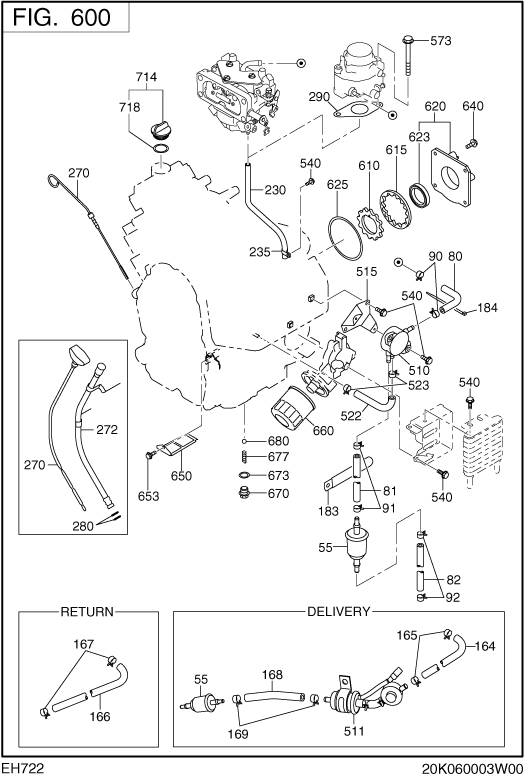 Fuel Lubricant Group Diagram and Parts List for EH722DS0100 EH722 Subaru Engine