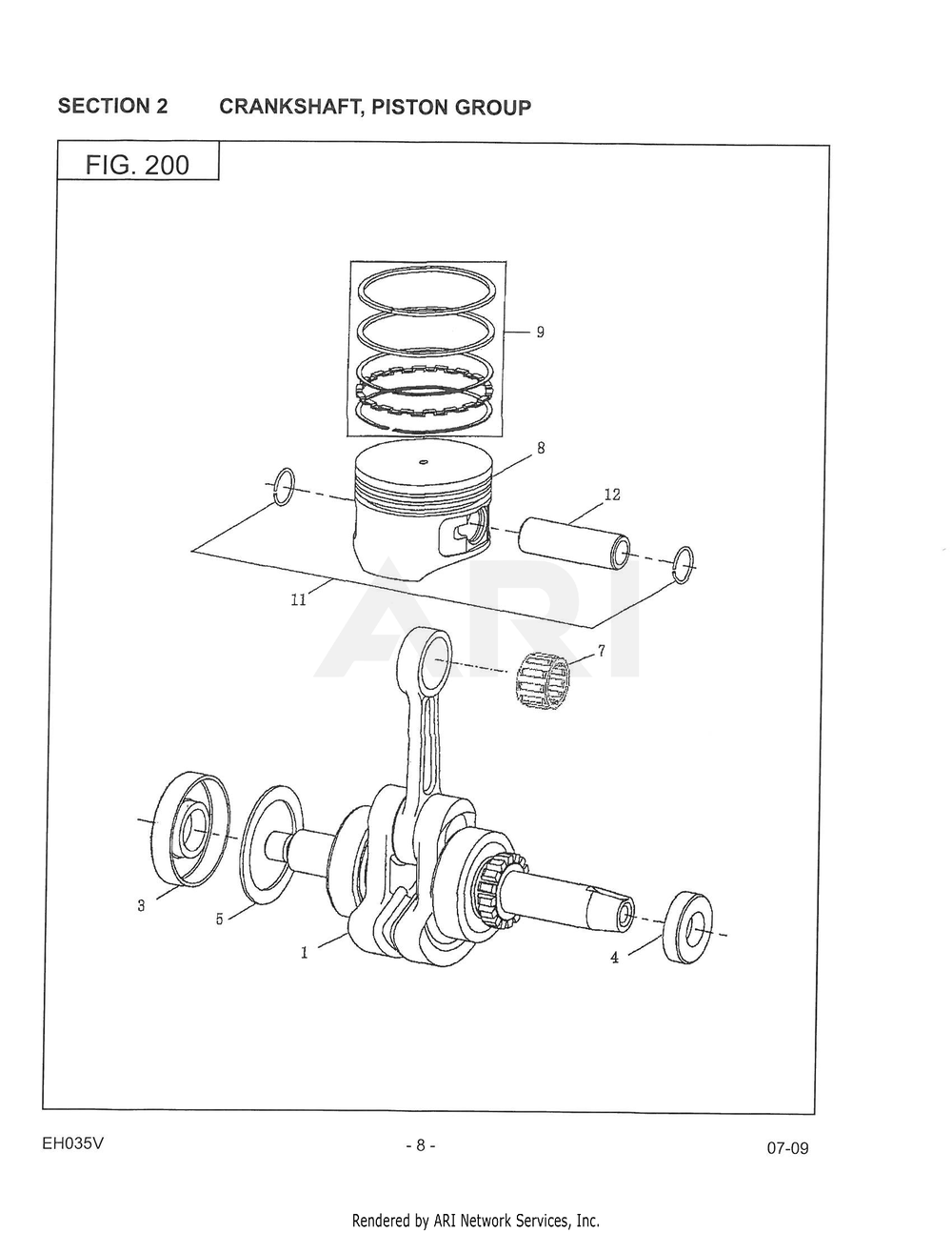 200 Crankshaft Diagram and Parts List for EH035VA1305  Subaru Engine