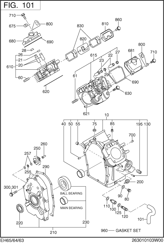 Crank Case Group Diagram and Parts List for EH650DA2542 EH650 Subaru Engine