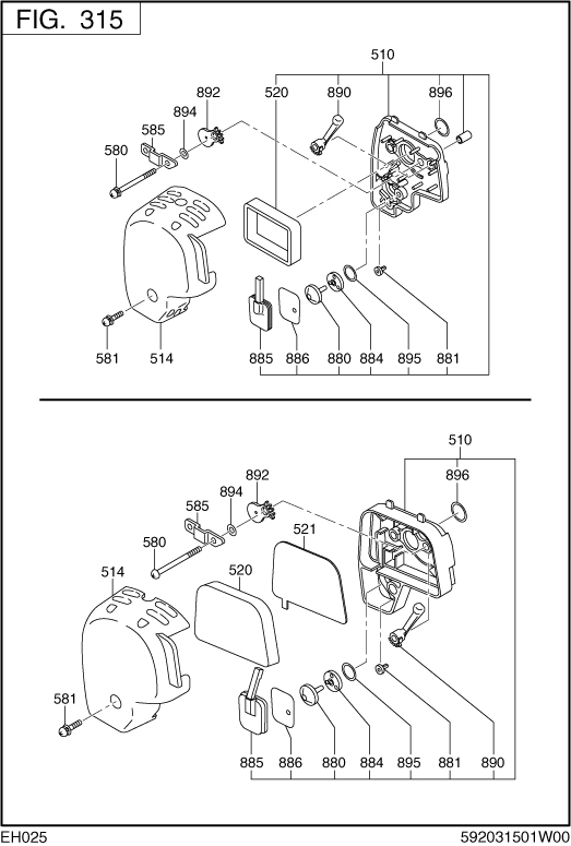 Intake Exhaust Diagram and Parts List for EH025PA1205 EH025 Subaru Engine