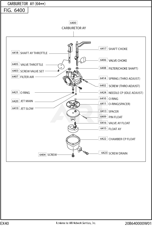 640 Carburetor Diagram and Parts List for EX400DE5220  Subaru Engine