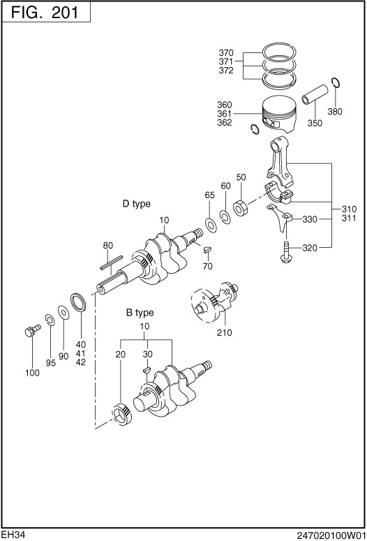 Crankshaft,piston Diagram and Parts List for EH340B70310 EH340 Subaru Engine