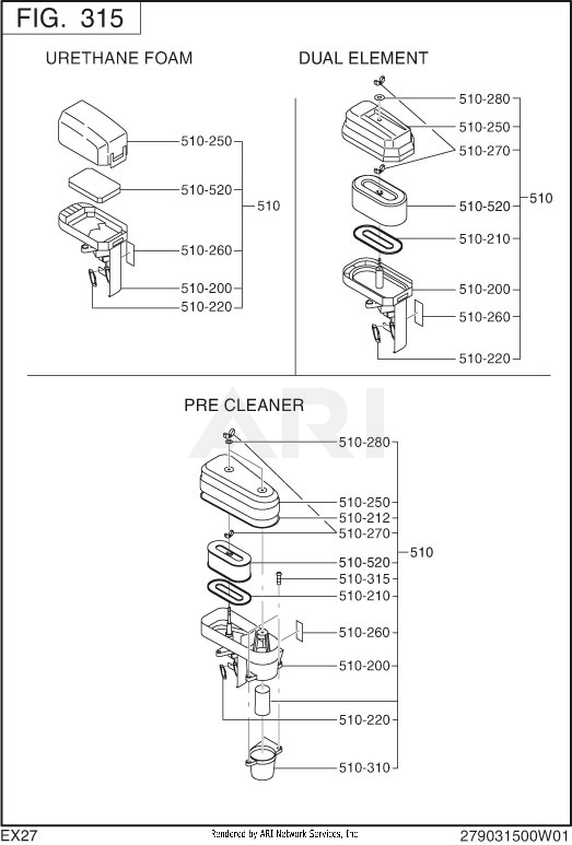 315 Intake And Exhaust Diagram and Parts List for EX270DE5043  Subaru Engine