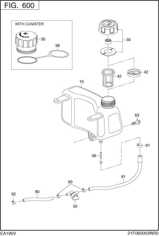Fuel Lubricant Diagram and Parts List for EA190V53010 EA190 Subaru Engine