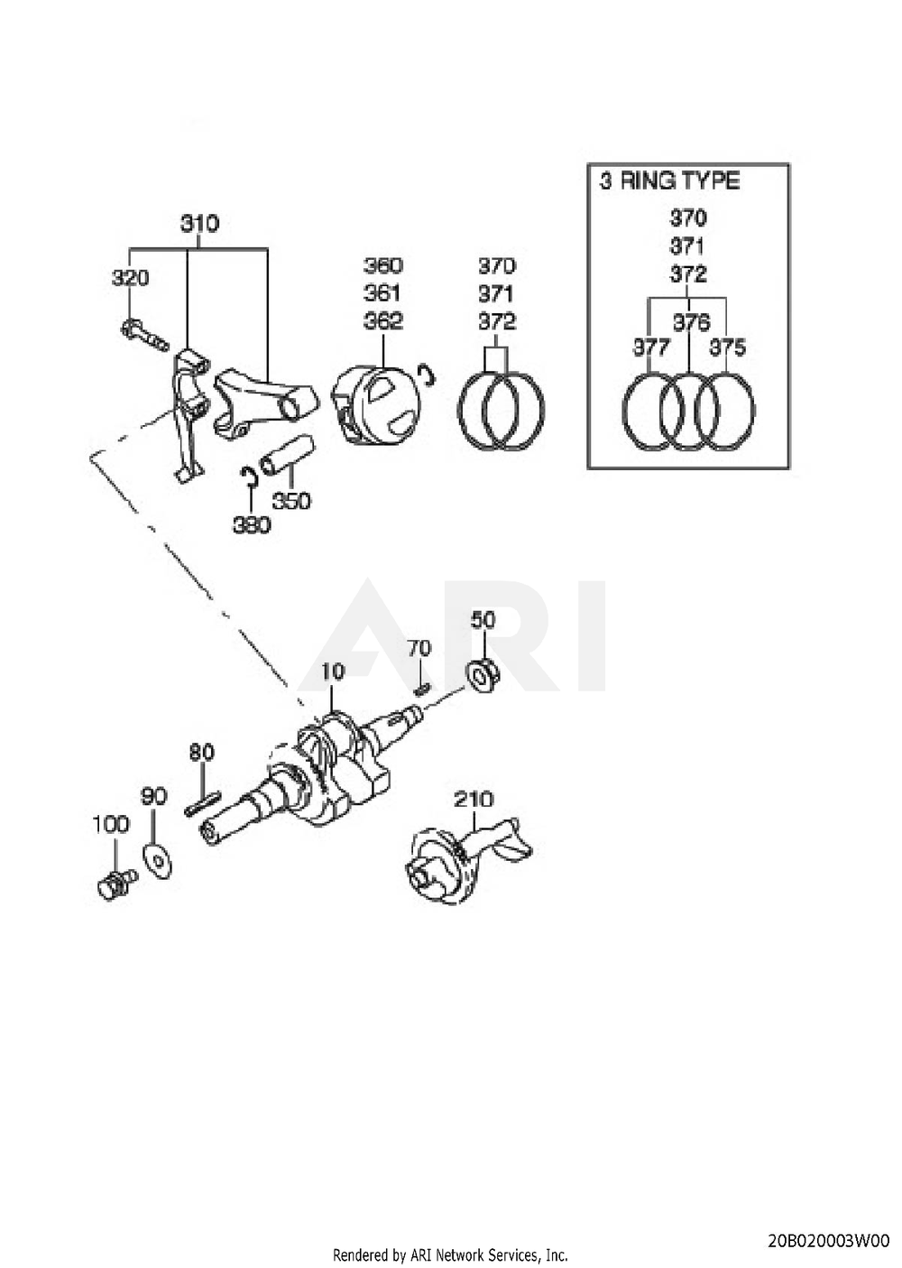 200 Crankshaft Diagram and Parts List for EX400DSM240  Subaru Engine
