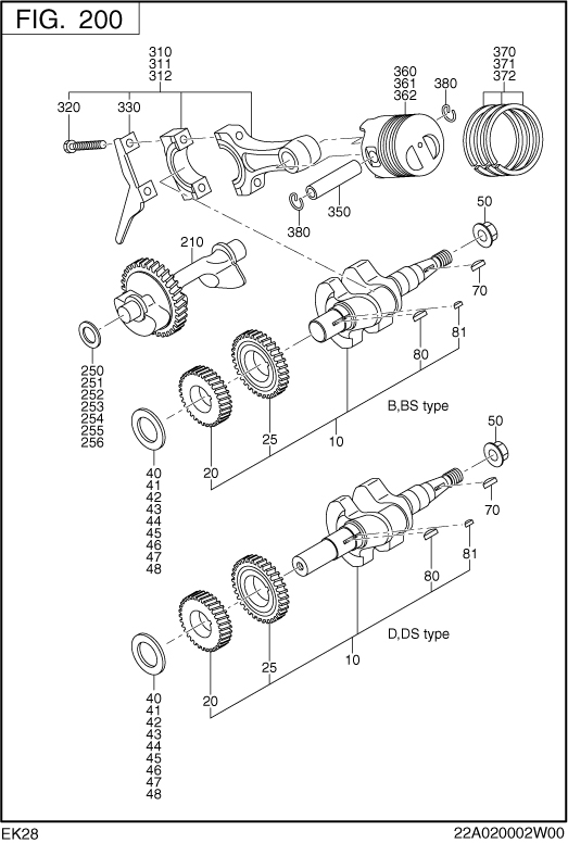 Crank,piston Group Diagram and Parts List for EK280B00000 EK280 Subaru Engine