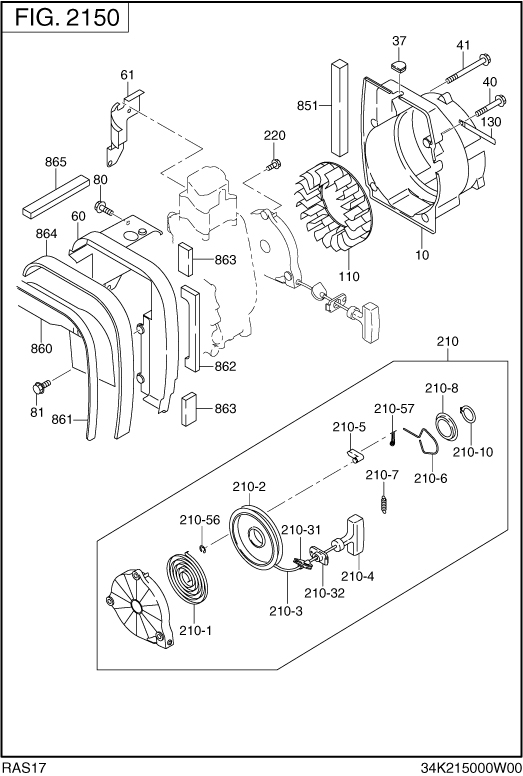 Engine Assembly Diagram and Parts List for RAS17018011 R1700i Subaru Generator