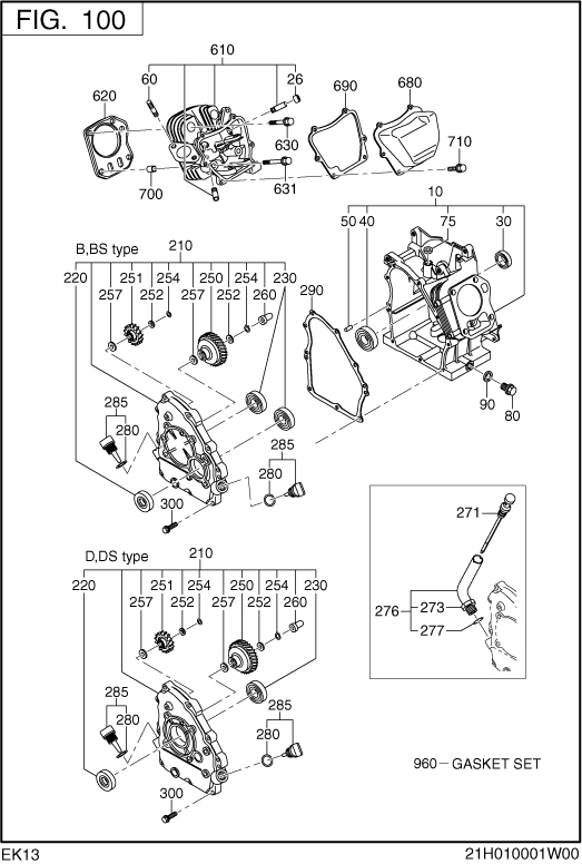 Crank Case Group Diagram and Parts List for EK130B70030 EK130 Subaru Engine