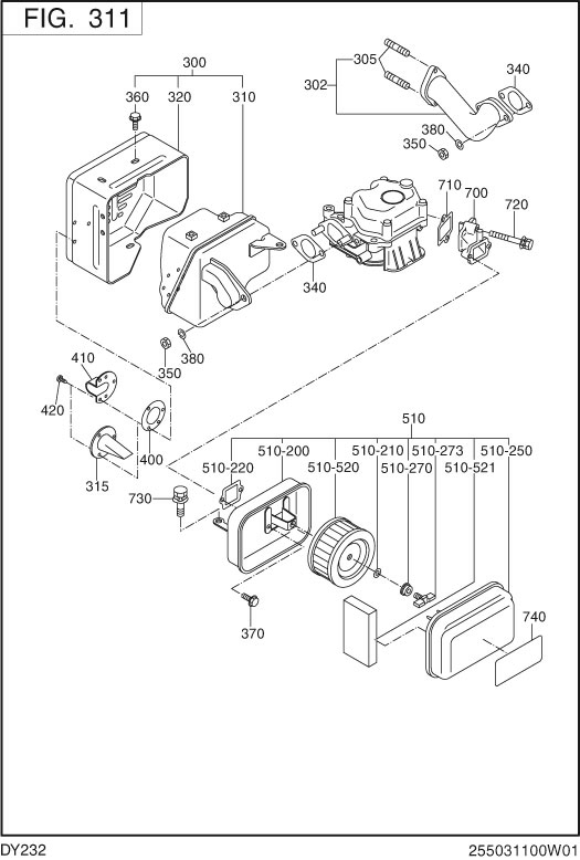 Intake,exhaust Diagram and Parts List for DY232DD0201 DY232 Subaru Engine