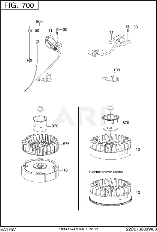 700 Electric Device Diagram and Parts List for EA175V75071  Subaru Engine