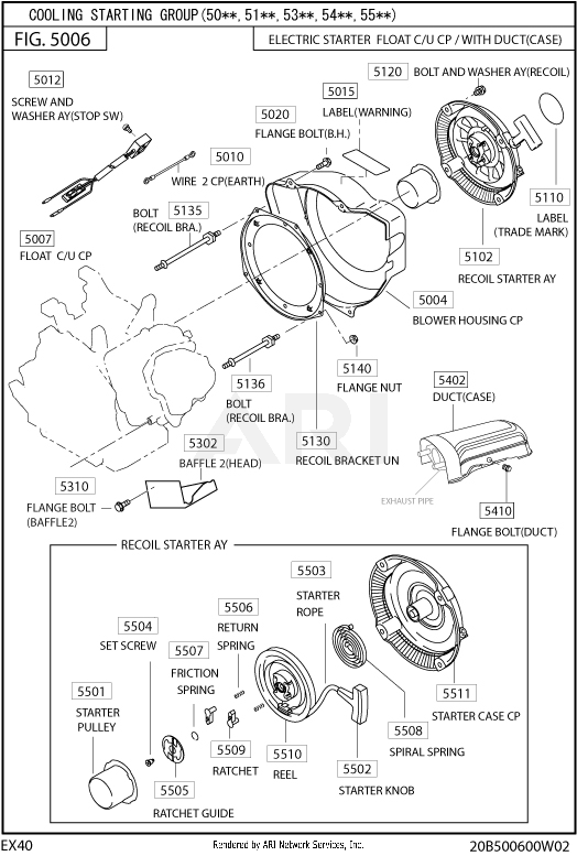 500 Cooling And Starting Diagram and Parts List for EX400DS5231  Subaru Engine